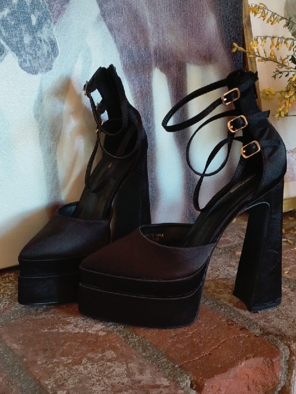 Triple-Strap Black Satin Platform Block Heels - Picture 2 of 11